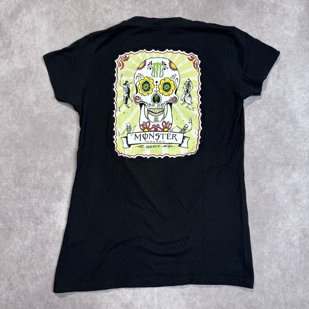 Y2K Monster Energy Drink Womens Large Faded Spell Out V-Neck Shirt Black Muertos